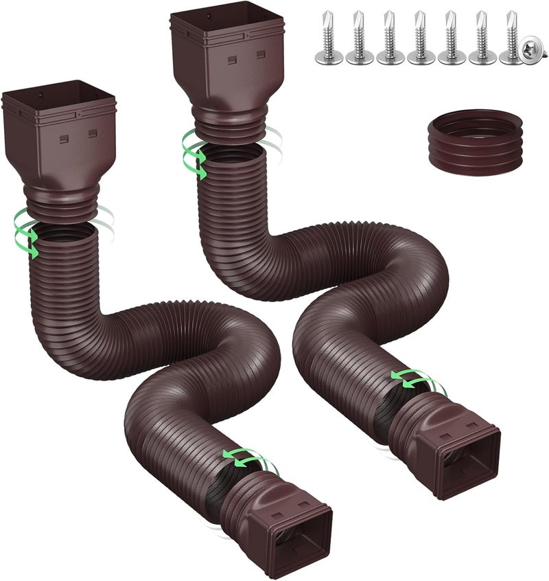 Ogutter Rain Gutter Downspout Extensions, Downspout Extender for Rainwater Drainage Flexible, Extendable 58"+66" Down Spout Drain Extension Pipes (2 Pack, Brown) - Image 1